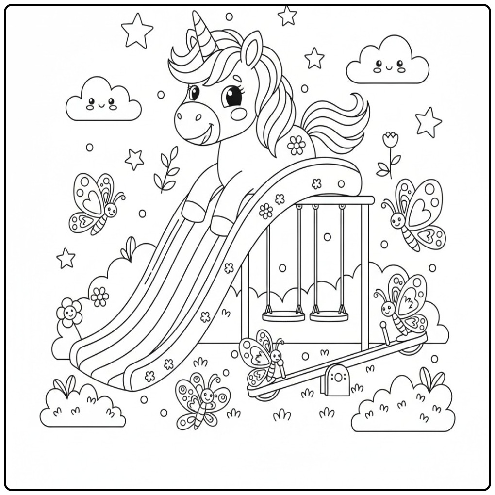 Cheerful Unicorn and Butterflies Rainbow in Playground coloring page