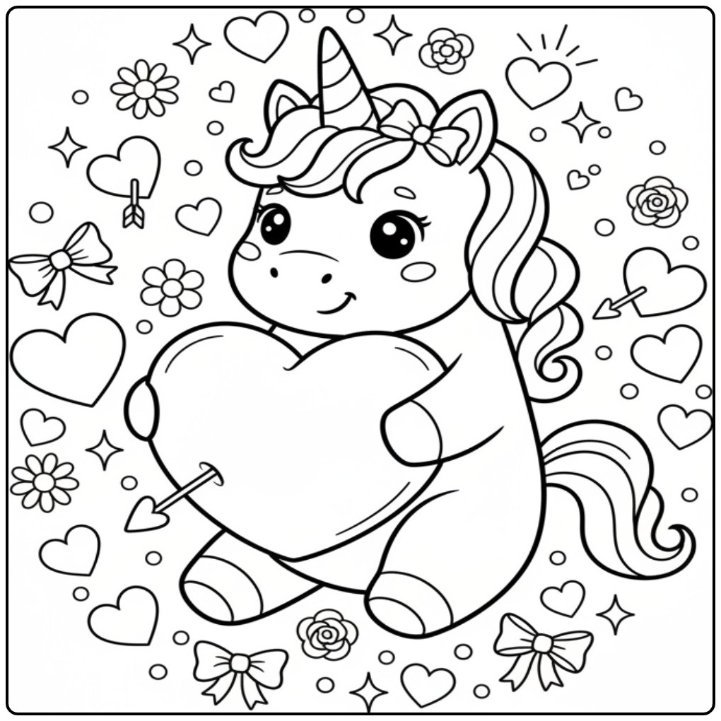 Cheerful Hearts Unicorn with Love Heart coloring page