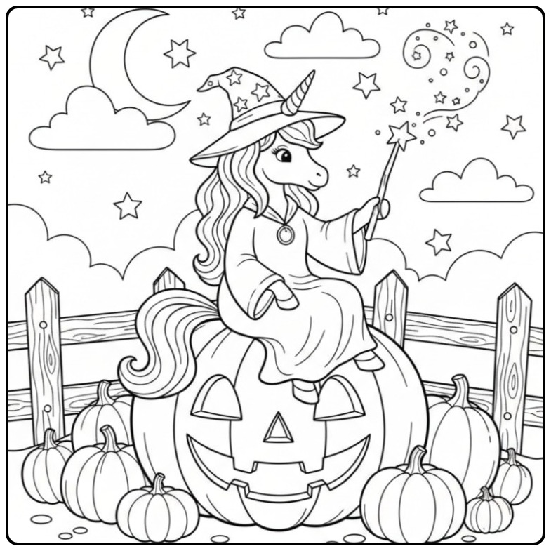 Cheerful Unicorn Witch for Halloween with Pumpkins coloring page