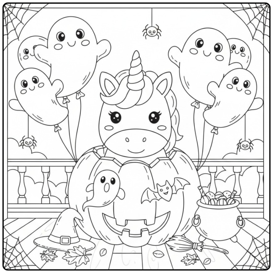 Cheerful Unicorn Head Halloween with Little Ghosts coloring page