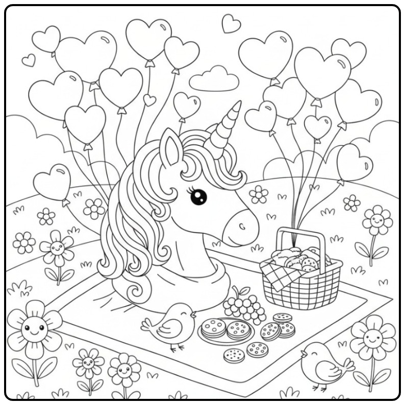 Cheerful Unicorn Head with Hearts and Balloons coloring page
