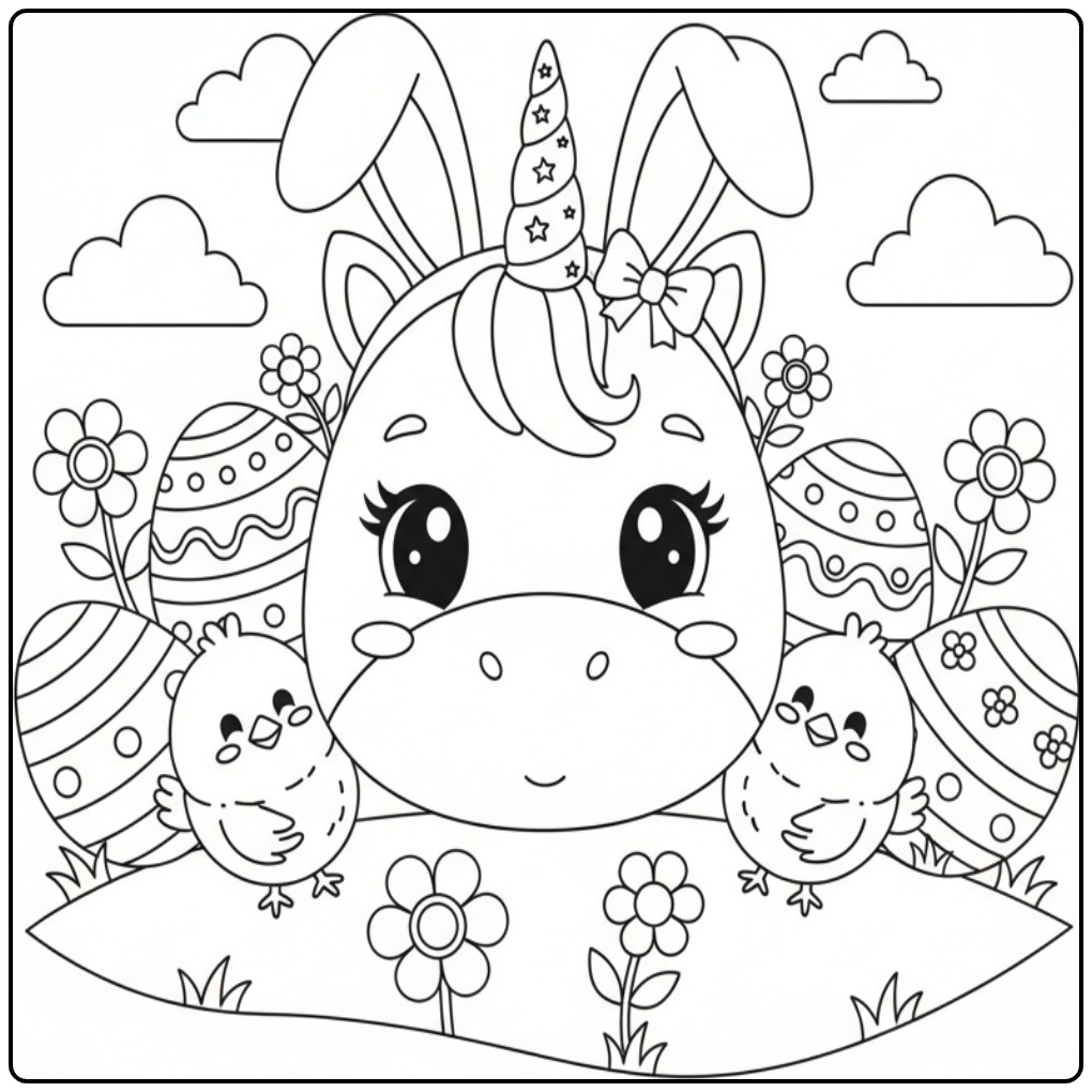 Cheerful Unicorn Head Easter and Decorated Eggs coloring page