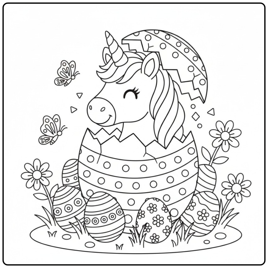 Cheerful Unicorn Head Easter in a Large Egg coloring page