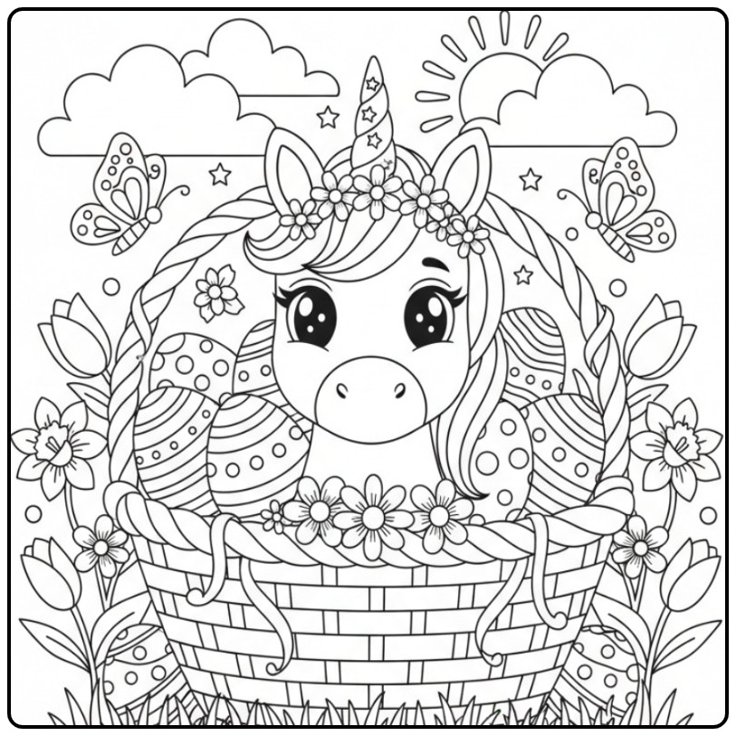 Cheerful Unicorn Head Easter coloring page