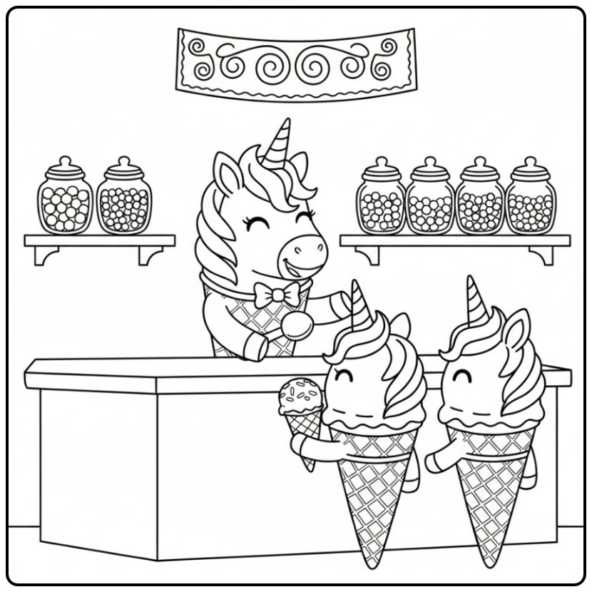 Cheerful Unicorn Unicorns in the Ice Cream Parlor coloring page
