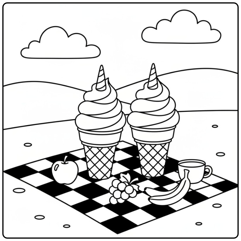 Cheerful Unicorn Ice Cream with Fruit in Nature coloring page