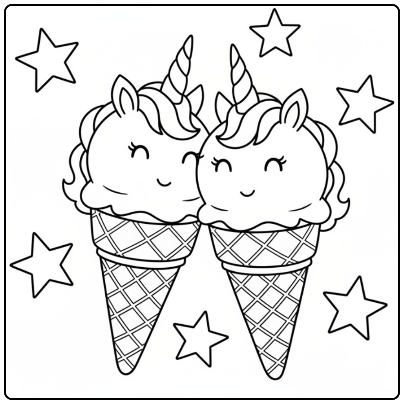 Cheerful with Cute Unicorn Ice Cream Cones coloring page