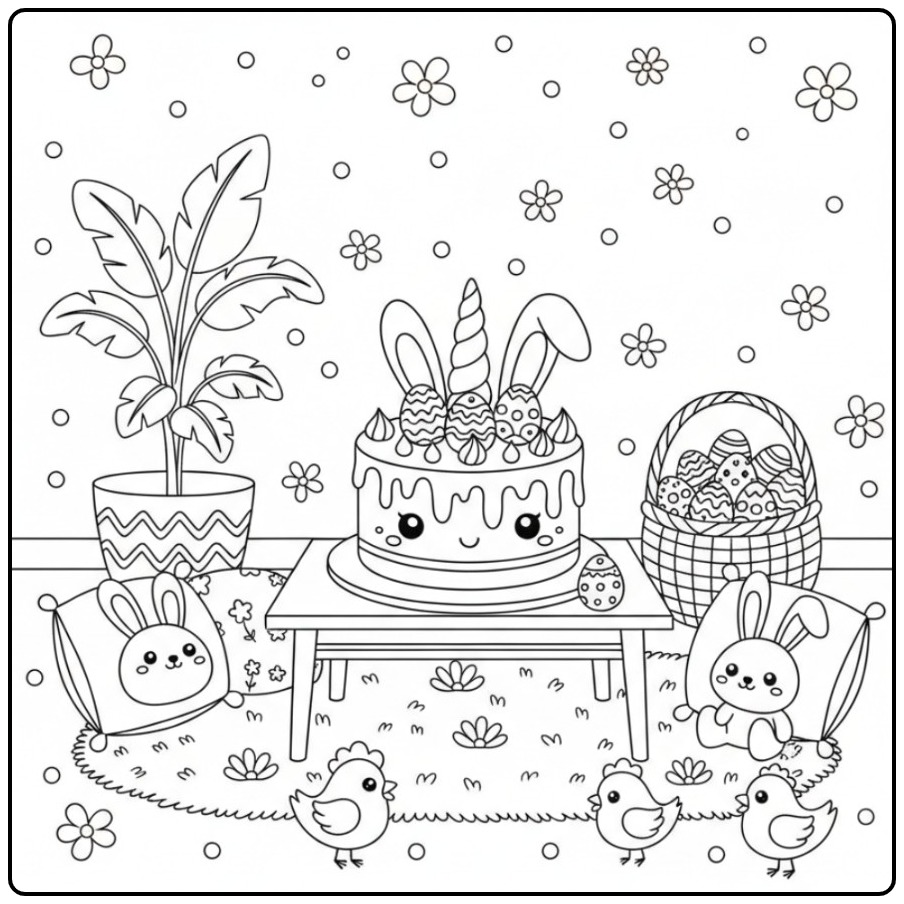 Cheerful Unicorn Cake for a Festive Easter coloring page