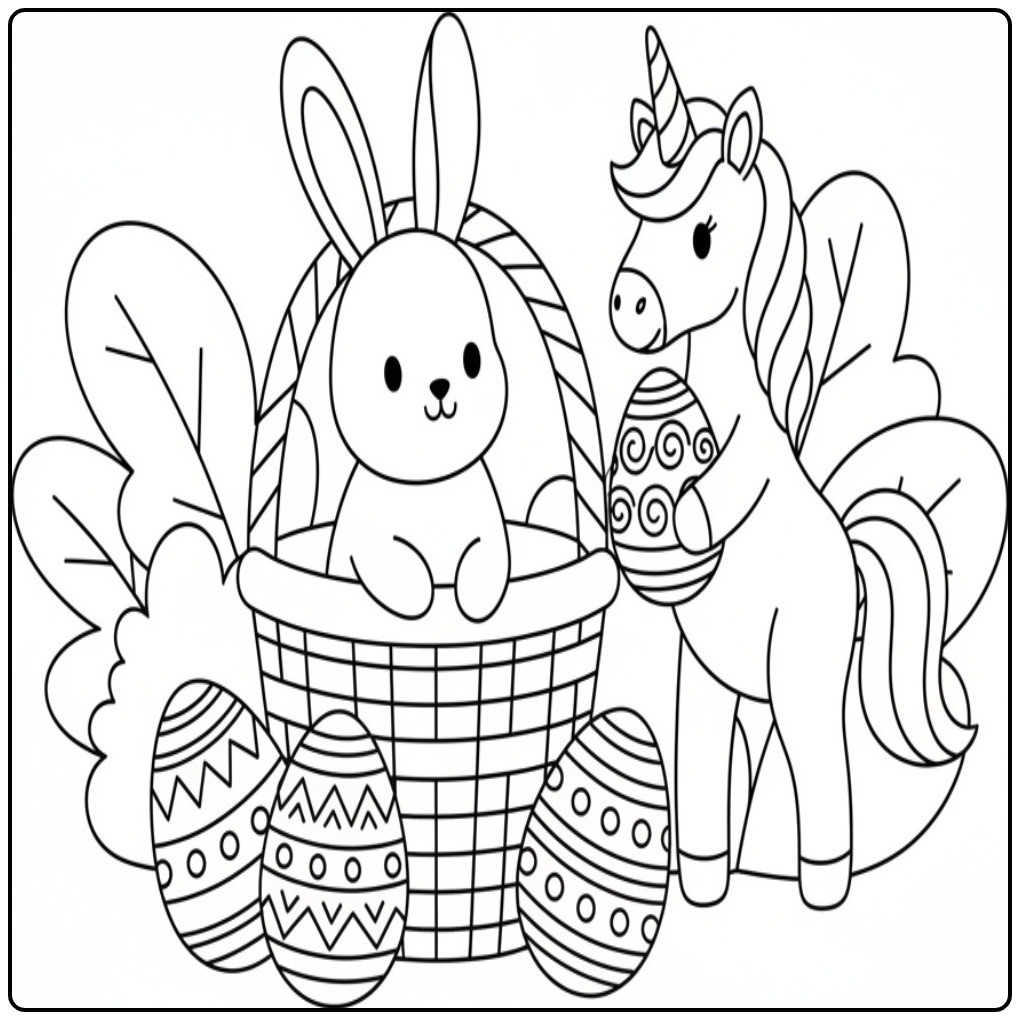 Cheerful Unicorn with Bunny and Easter Eggs coloring page