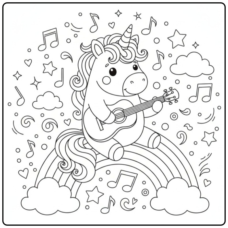 Cheerful Unicorn Rainbow Music Building coloring page