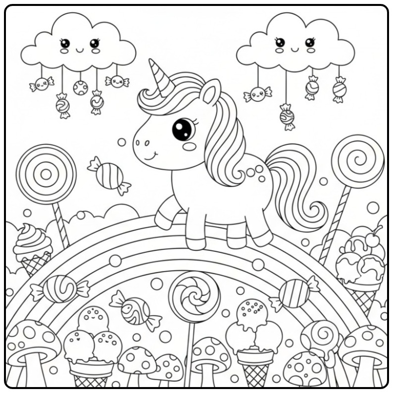 Cheerful Unicorn Rainbow and Smiling Small Clouds coloring page