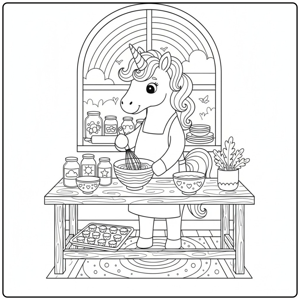 Cheerful Unicorn Rainbow in the Magical Kitchen coloring page