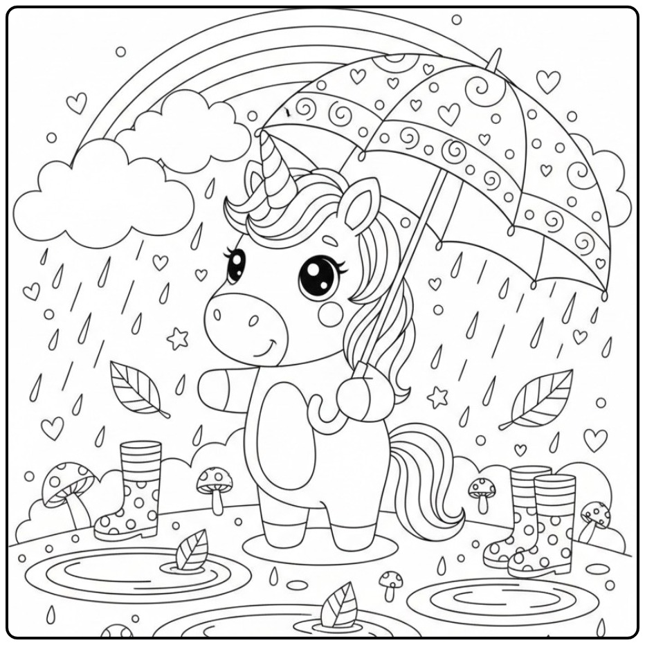 Cheerful Unicorn Rainbow with a Umbrella coloring page