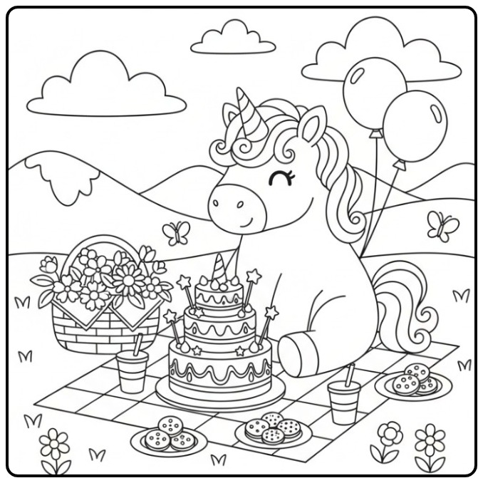 Cheerful Unicorn Cake a Magical Picnic Party coloring page