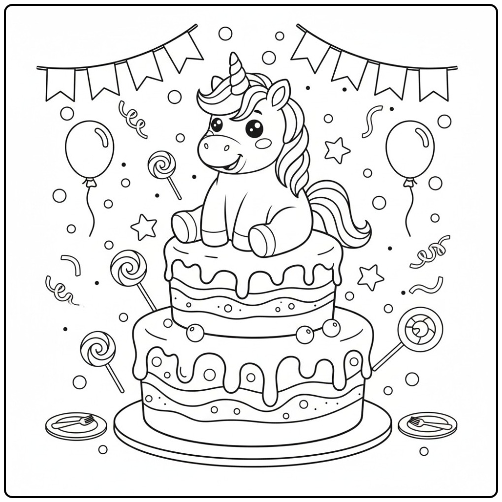 Cheerful Cake with Unicorn Candies and Streamers coloring page