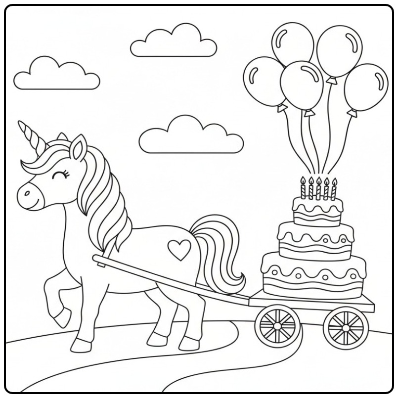 Cheerful Unicorn Birthday a Cart Pulling coloring page