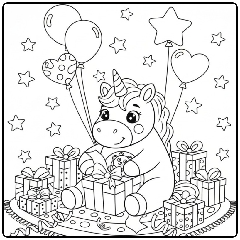 Cheerful Unicorn Birthday a Party Full of Magic and Gifts coloring page