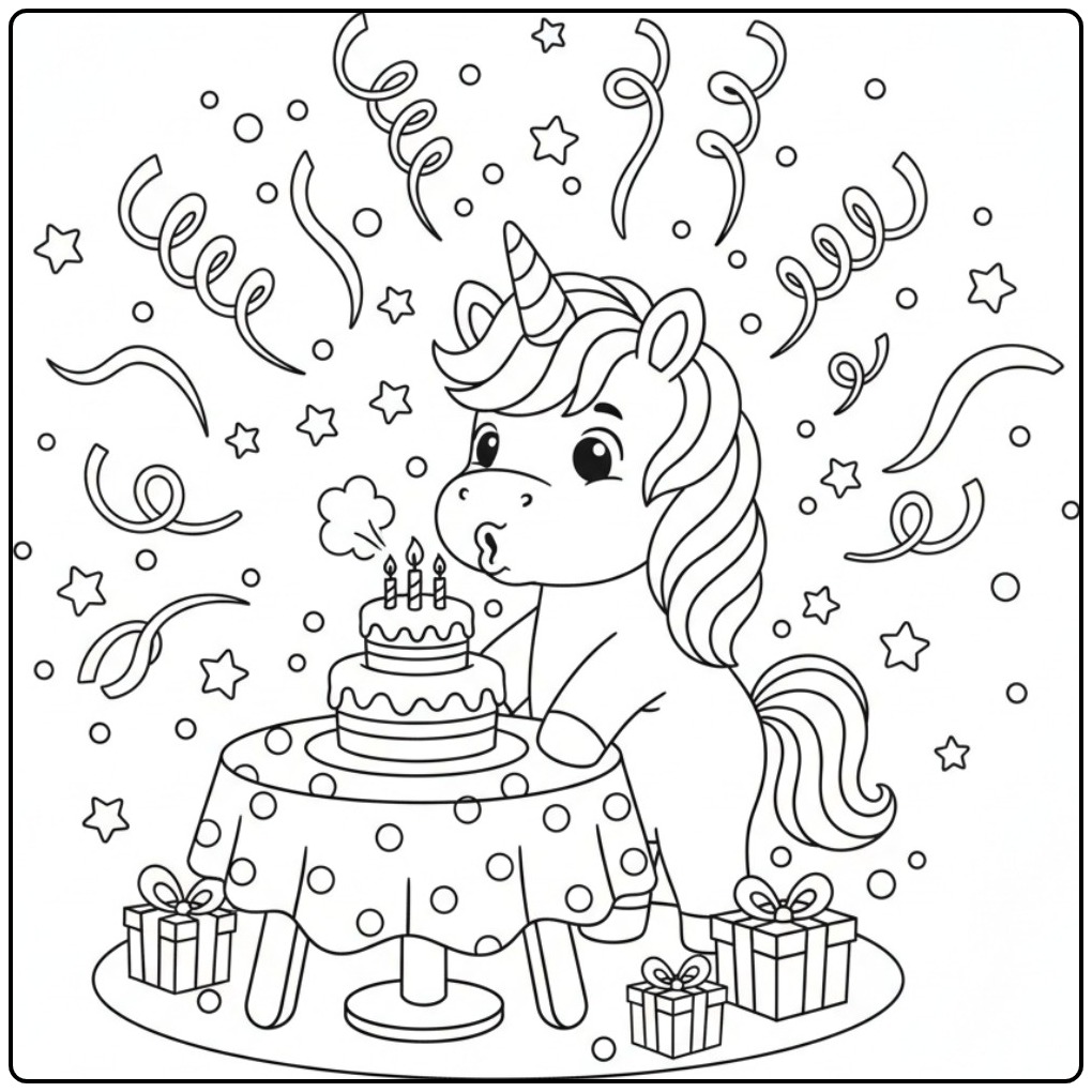 Cheerful Birthday Unicorn Celebrating Party coloring page