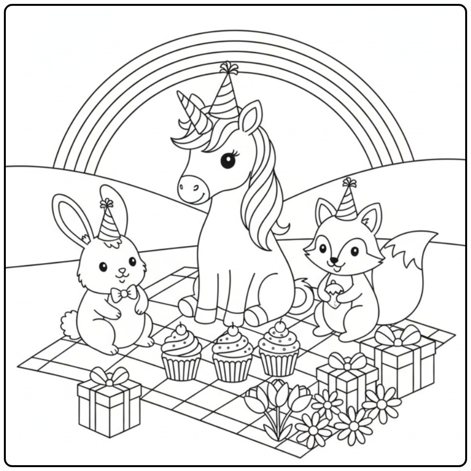 Cheerful Unicorn Birthday and Animal Friends coloring page