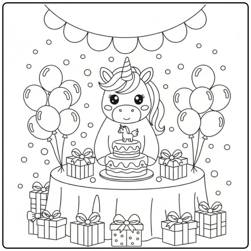 Cheerful Unicorn Birthday Party with Balloons and Gifts coloring page