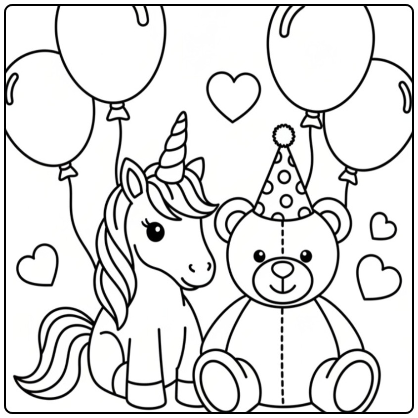 Cheerful Unicorn Birthday with Balloons and Hearts coloring page