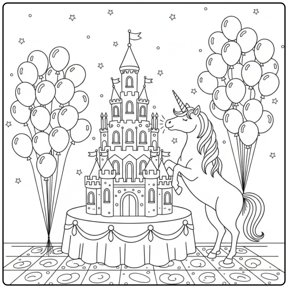 Cheerful Unicorn Birthday with Balloons and Stars coloring page