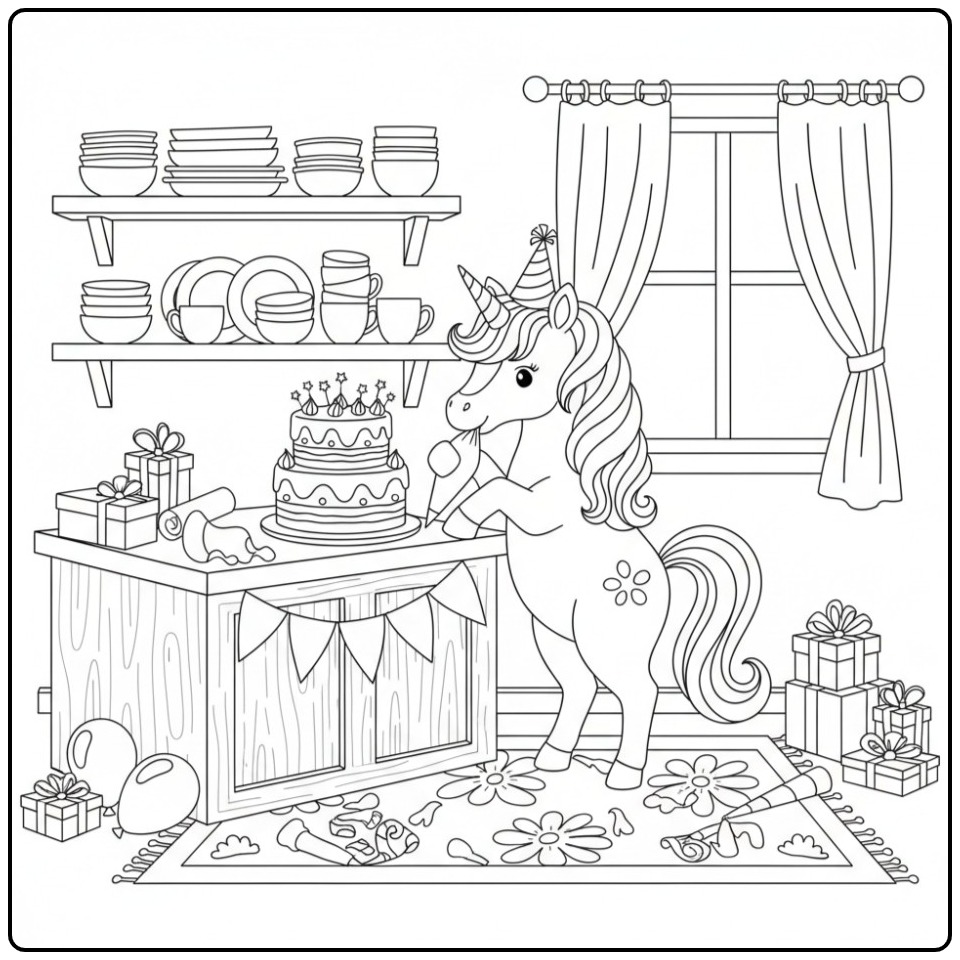 Cheerful Unicorn Birthday with Gifts and Streamers coloring page