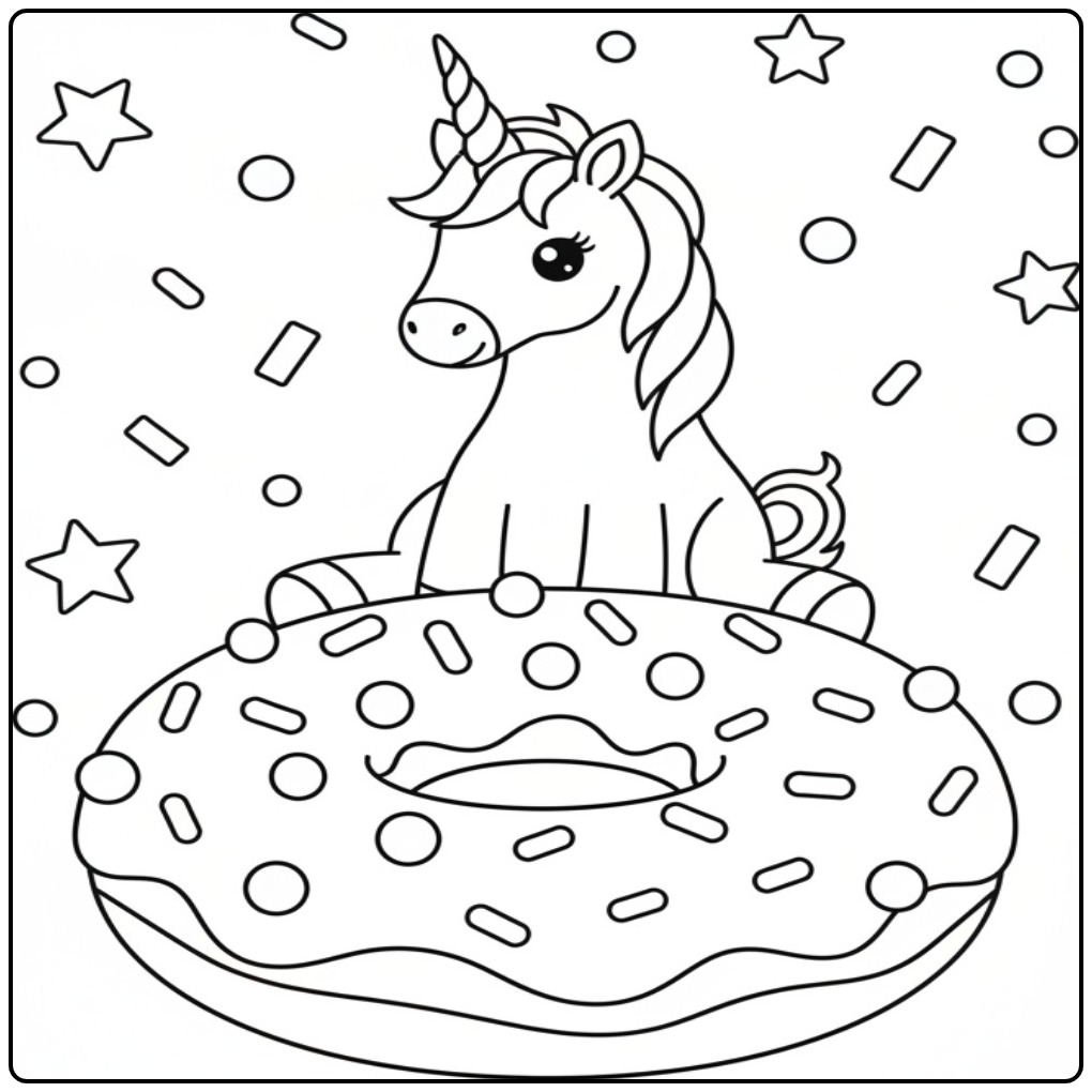 Cheerful Unicorn Birthday with Confetti and Stars coloring page