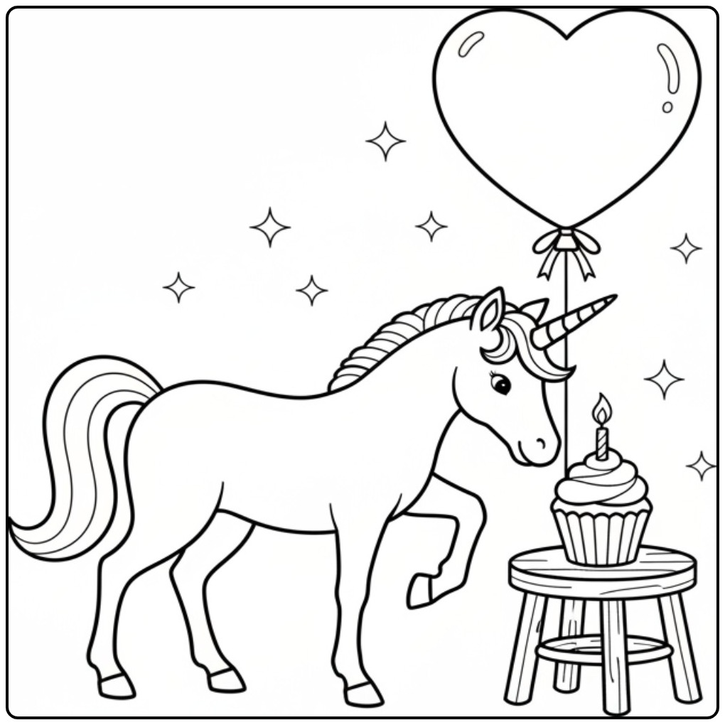 Cheerful Unicorn Birthday with a Tasty Treat coloring page
