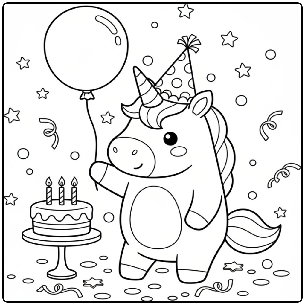 Cheerful Unicorn Birthday with Party Hat and Stars coloring page