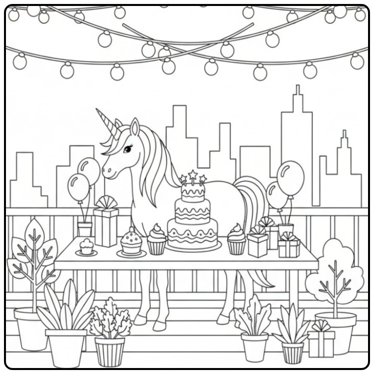 Cheerful Unicorn Birthday with Cake and Gifts 1 coloring page