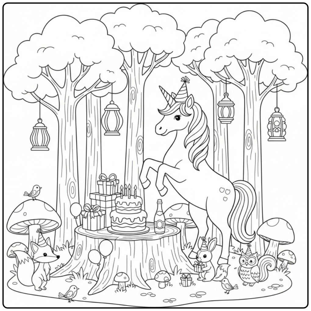 Cheerful Unicorn Birthday with Cake and Gifts coloring page