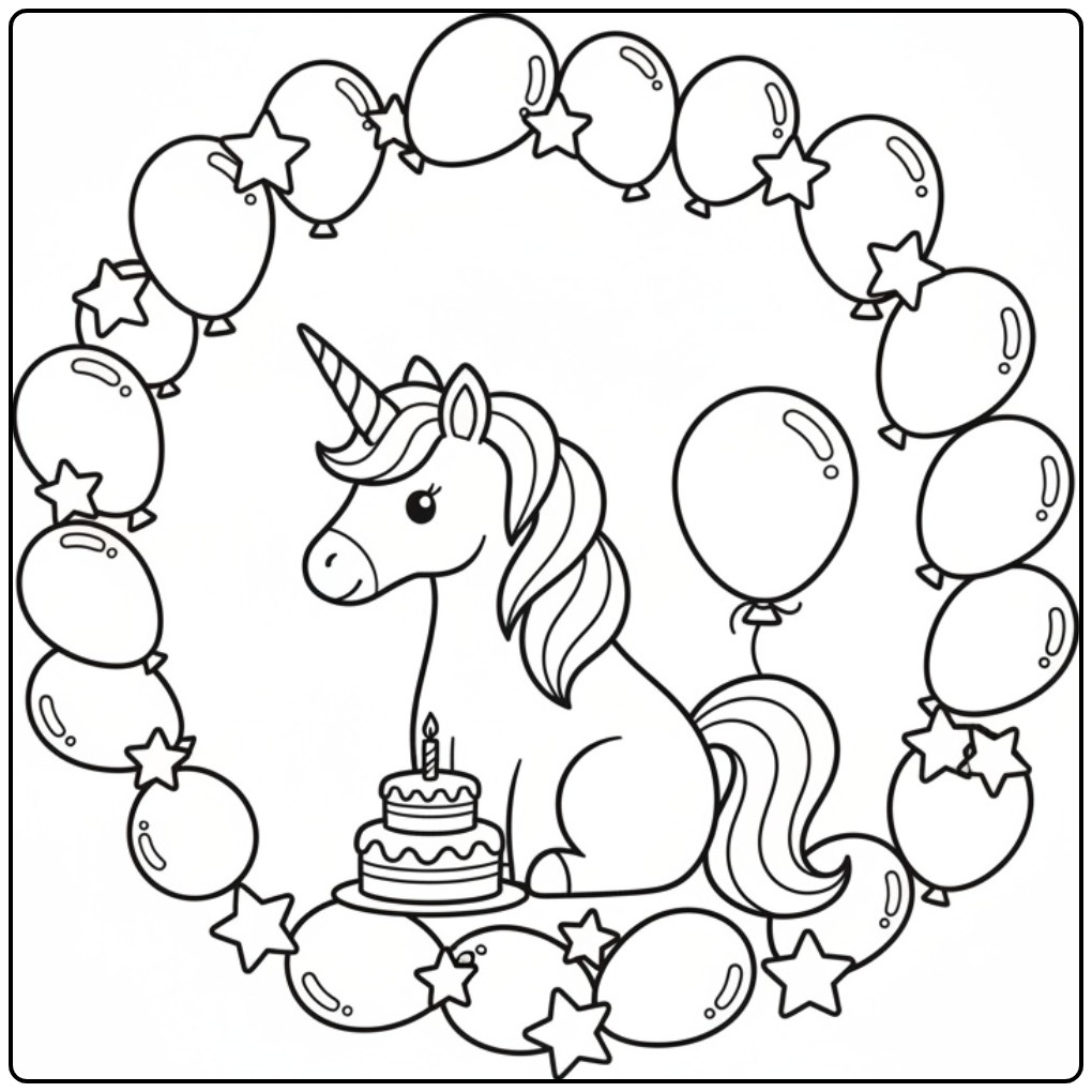 Cheerful Unicorn Birthday coloring page
