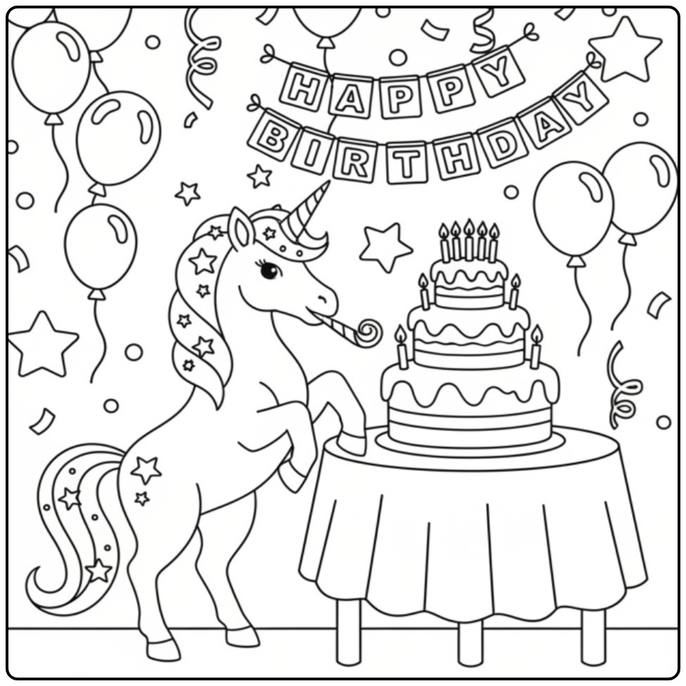 Cheerful Unicorn Birthday for Children coloring page