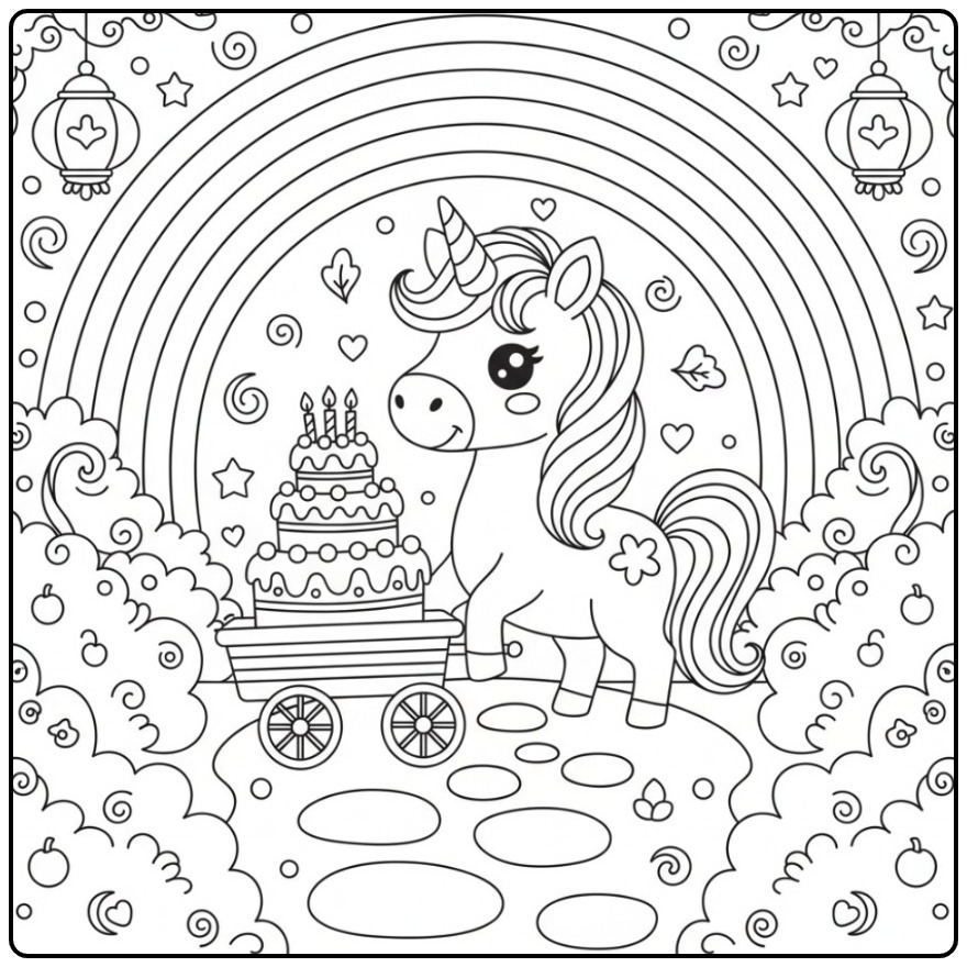 Cheerful Unicorn Birthday Cake with Rainbow Party coloring page
