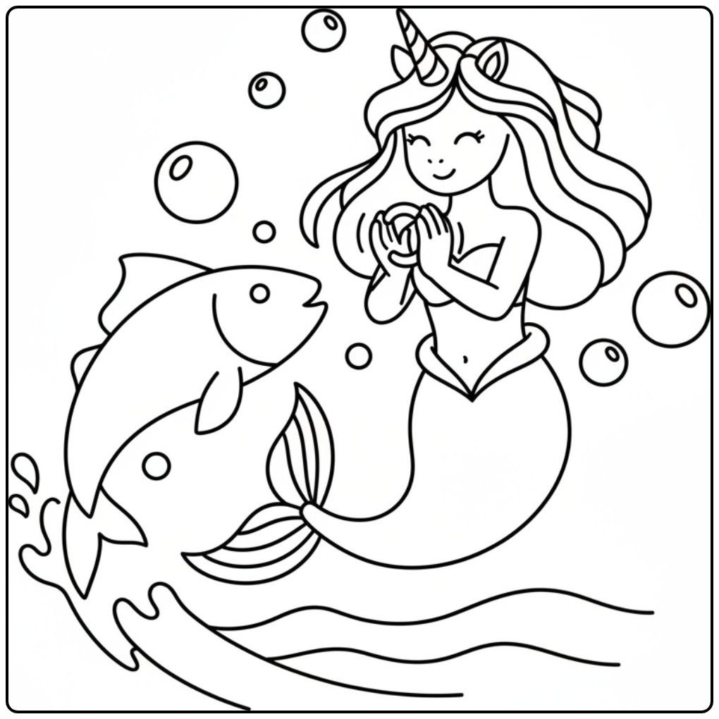Cheerful Unicorn Mermaid in the Sea Swimming coloring page