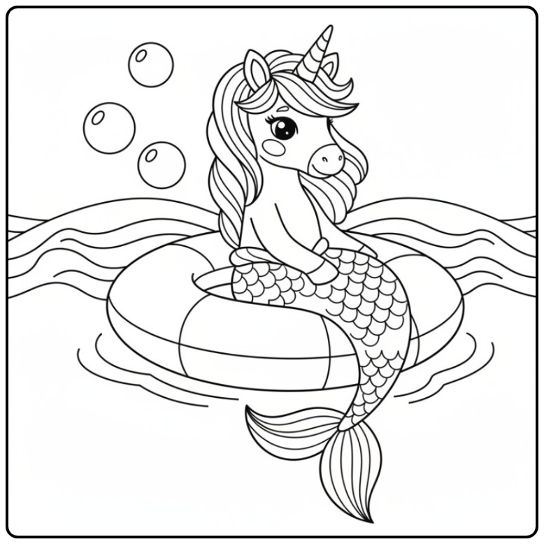 Cheerful Unicorn Mermaid Floating on the Water coloring page