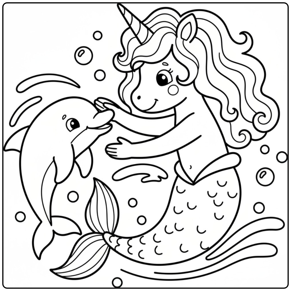 Cheerful Unicorn Mermaid and a Dolphin Friend coloring page