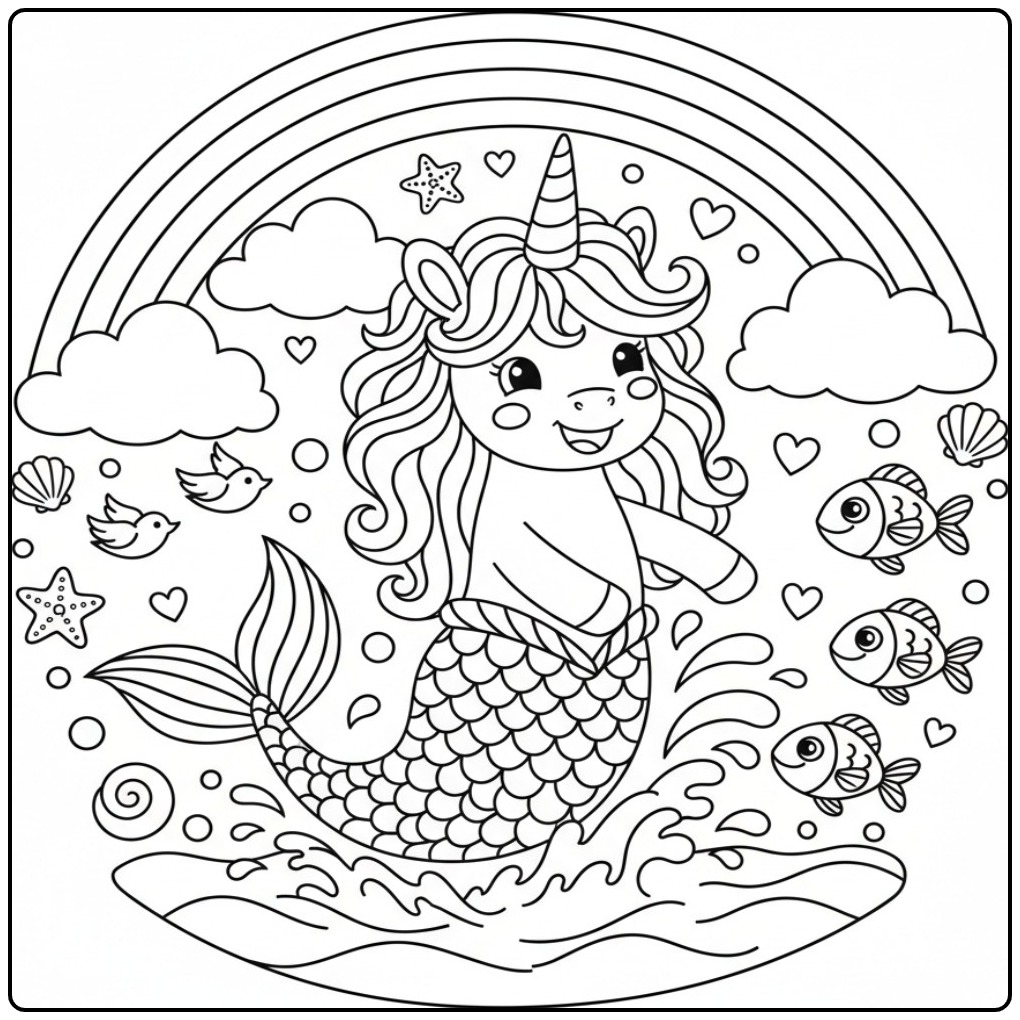Cheerful Unicorn Mermaid and Rainbow coloring page