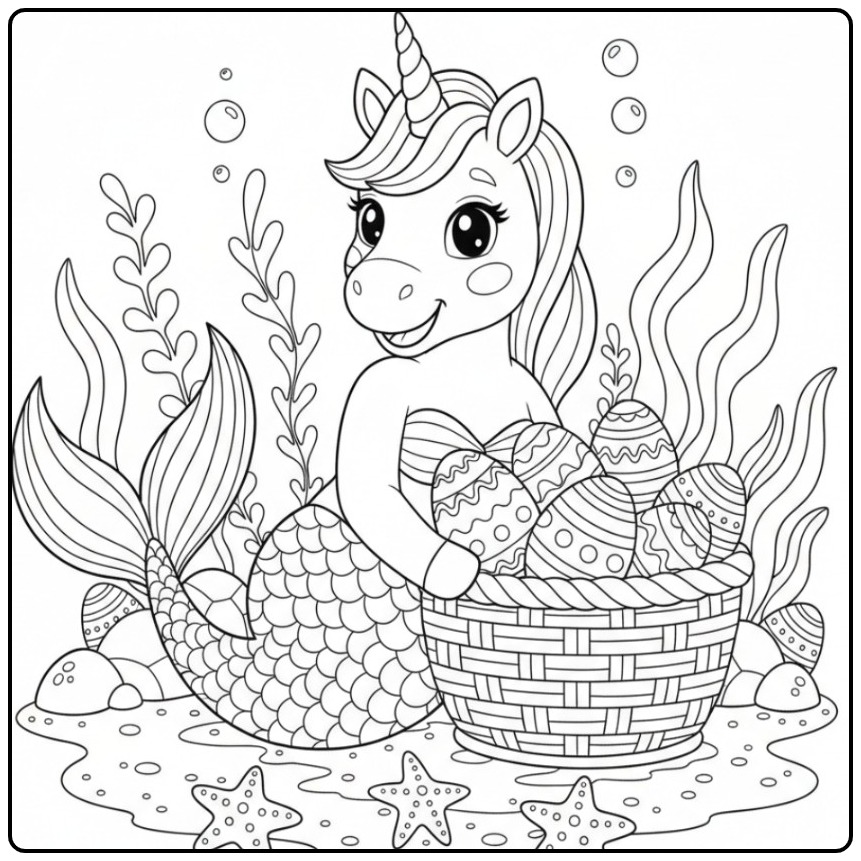 Cheerful Unicorn Mermaid with Eggs Easter Basket coloring page
