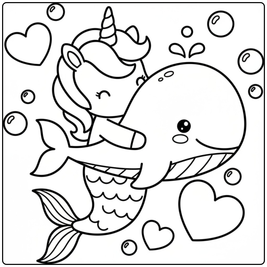 Cheerful Unicorn Mermaid with Her Whale Friend coloring page