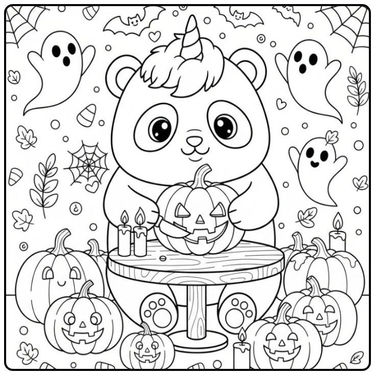 Cheerful Unicornpanda Halloween with Little Ghosts coloring page
