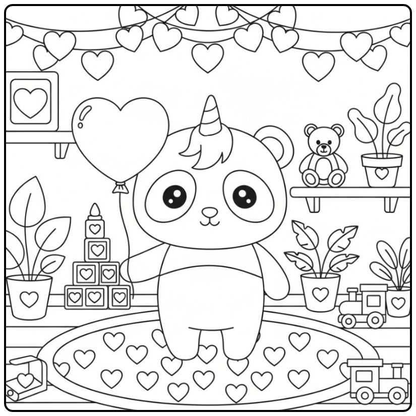 Cheerful Unicornpanda Hearts in a Speelkamer coloring page