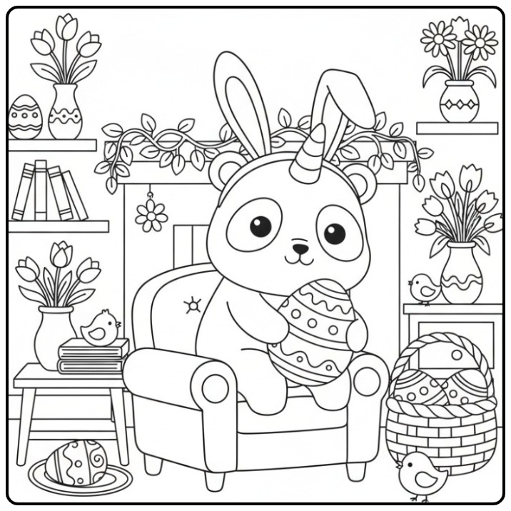 Cheerful Unicornpanda Easter with a Large Decorated Egg coloring page