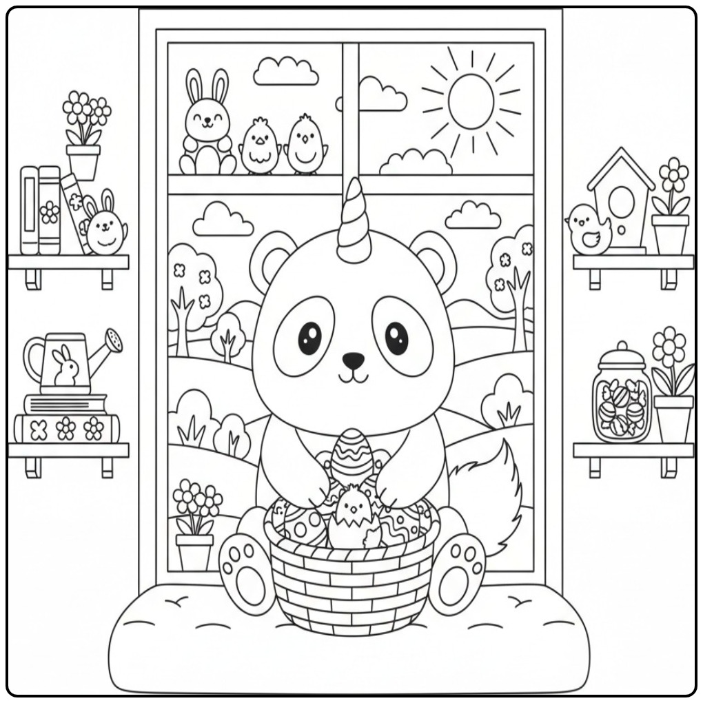 Cheerful Unicornpanda Easter with Basket Full of Eitjes coloring page