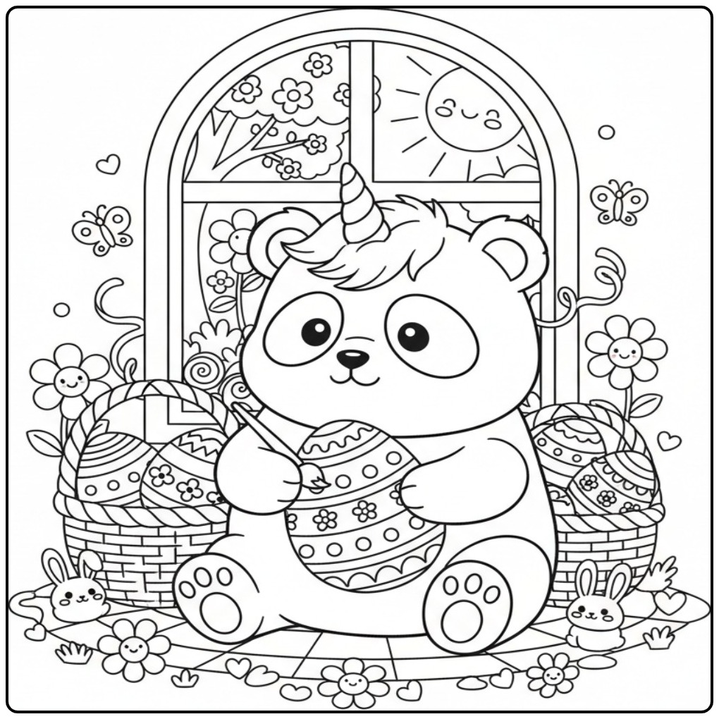 Cheerful Unicornpanda Easter with Baskets Full of Eitjes coloring page
