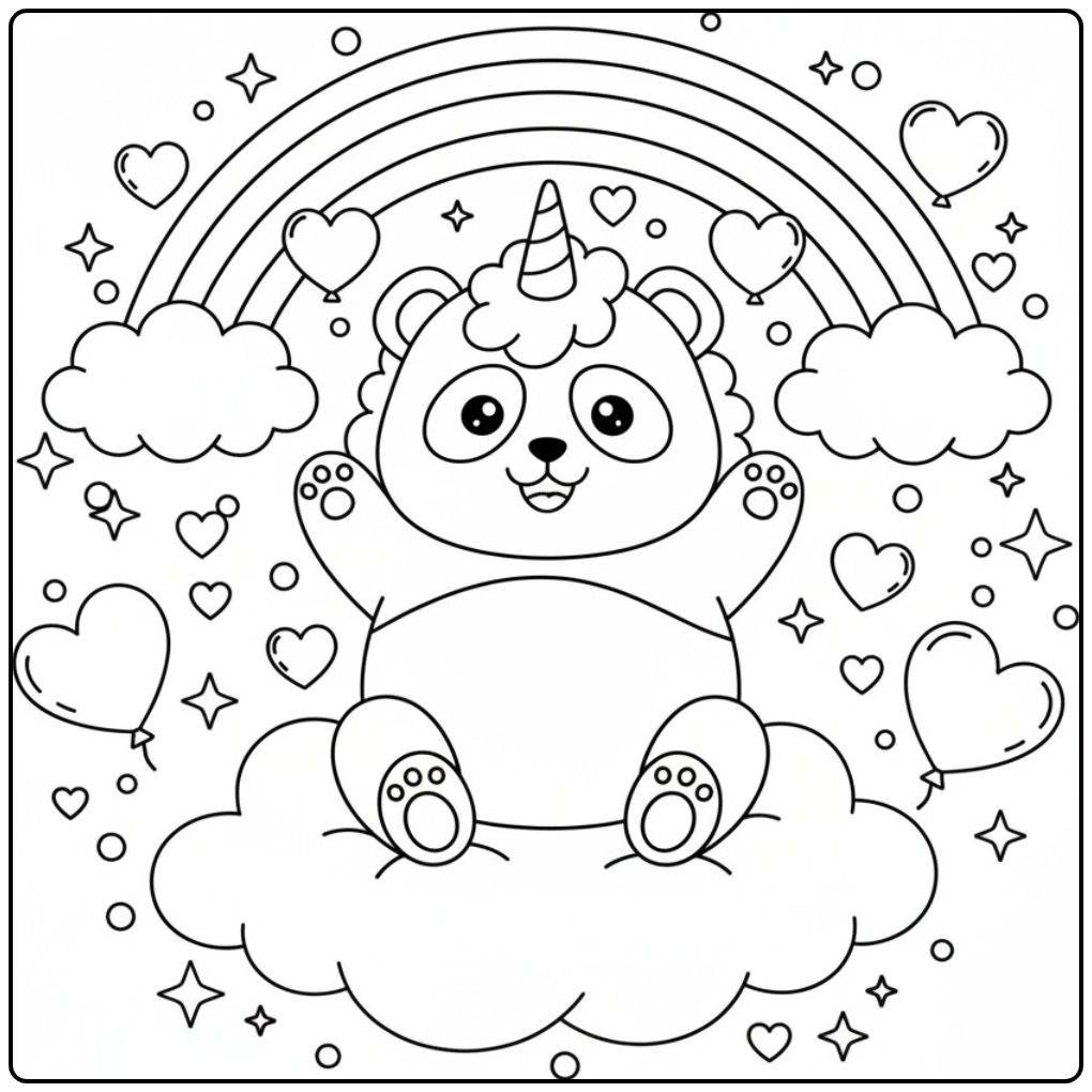 Cheerful Unicornpanda Rainbow in a Sky Full of Love coloring page