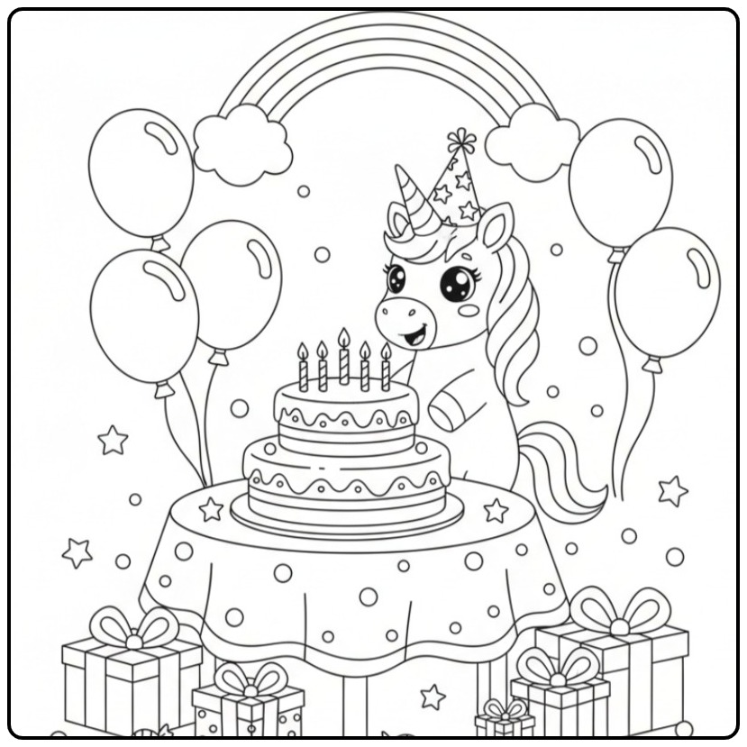 Cheerful Unicorn and Rainbow on a Birthday Party coloring page