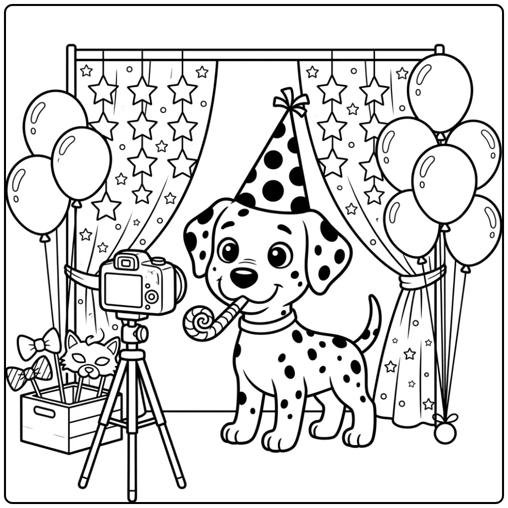 Dalmatian Birthday Puppy in a Photo Booth coloring page