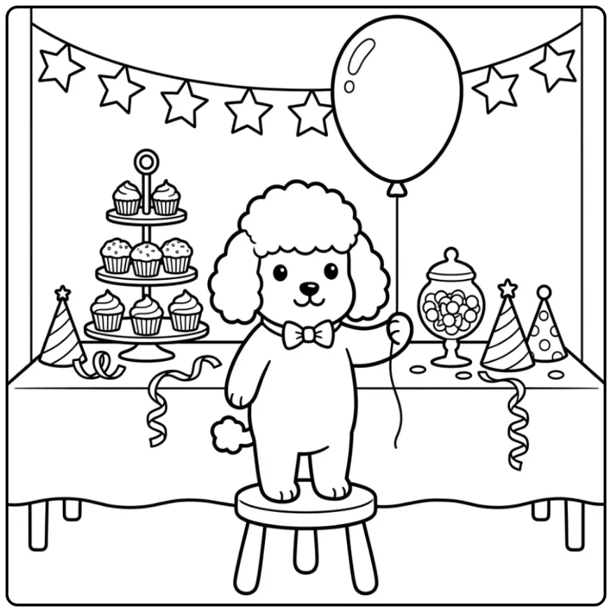 Poodle Birthday Puppy with Bow and Cake coloring page